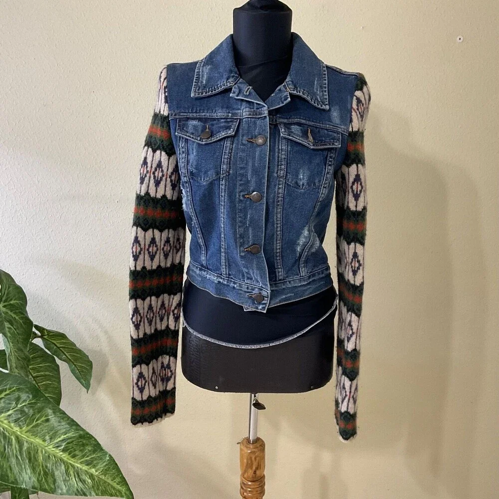 Free People Denim Jacket womens sz. XS Nordic wool Sweater Sleeves Distressed
